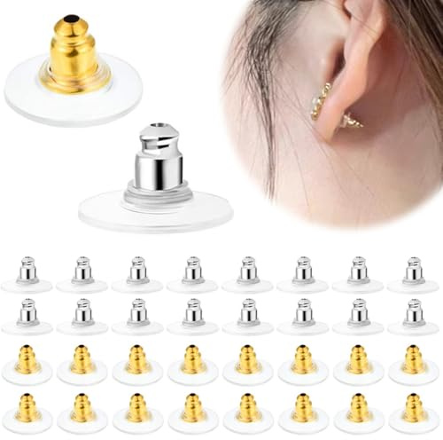 COYUN 100 Piezas Tuercas Pendientes Silicona, 50 Doradas y 50 Plateadas, Plástico Hipoalergénico Tipo Bala de Embrague, Gerente De Pendientes, Tapones Suaves y Confortables para Aros y Pendientes
