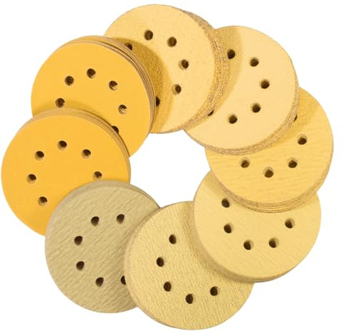 80PCS 125mm Sanding Discs 8 Hole Round Sandpaper Mixed Grits 40-320 Hook and Loop Pads Yellow Random Orbital Sander Sandpaper for Wood Metal Plastic