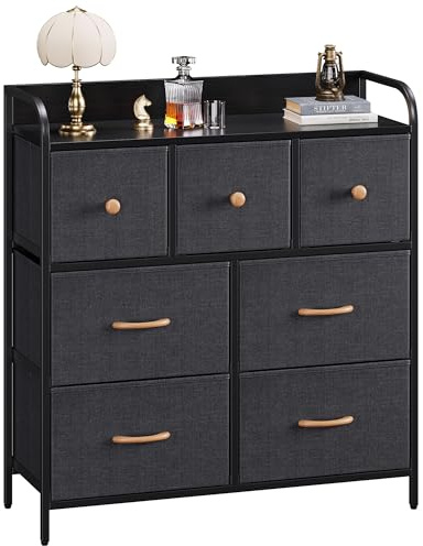Nicehill Chest of Drawers, Dresser for Bedroom with 7 Drawers, Wood Top, Sturdy Steel Frame, Storage Organizer Unit for Bedroom, Kids room, Living room, Closet(Black Grey)