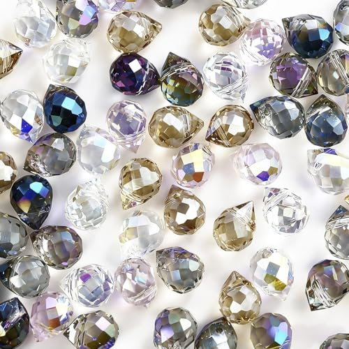 100PCS Crystal Glass Beads 8×10mm, Mixed Colours Faceted Teardrop Shape Beads, Shiny Crystal Beads Bulk for Jewellery Making, Necklace Bracelet Earring DIY Craft Projects