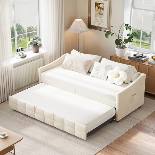 WSOFZMO Schlafcouch Ausziehbar, Tagesbett Ausziehbar, Ausziehbett, Schlafcouch 180x200, Flanell, 90/180 x 200 cm, ohne Matratze (Creme)