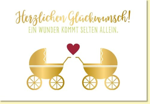 Gutsch Verlag Glückwunschkarte Zwillinge Geburt Doppelkarte mit goldenen Kinderwagen Herz Motiv Grußkarte zur Geburt Zwillinge Babykarten - mit Umschlag