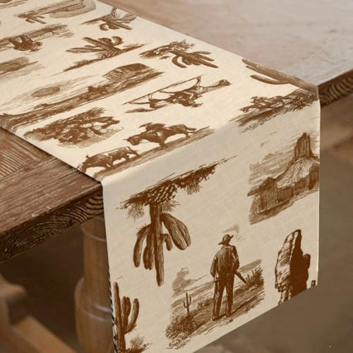 SUPERDANT Napperon de Table Style Western Esquisse Décorations Universs Cactus Cowboy pour Salle à Manger Mariage Anniversaire Banquet Fêtes Décorations de Vacances 183x33 cm