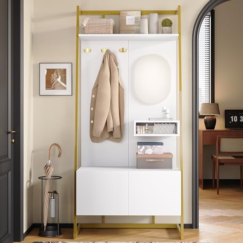 Merax Garderobe Set, Flur Garderoben Kompaktgarderobe, Garderobenständer mit Spiegel, Schuhschrank, Offene Ablagefächer & Haken, Weiß, 78x38,5x180,5 cm