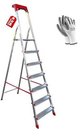 Scala Domestica in Alluminio Martina 7 Gradini con Piattaforma, Pieghevole e Leggera, Vaschetta Portaoggetti, Portata 150 kg, Certificazione EN131, Made in Italy