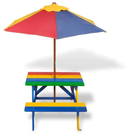 Generico Tavolo e Panchine per Bambini con Parasole Legno Multicolore,Multicolore,8.6kg,40773