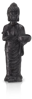 HOMESTORY Buddha-Figur stehend mit Teelichhalter 40 cm schwarz für Drinnen | Zen und Feng Shui Deko-Figur aus Magnesia, vielseitig einsetzbar, praktisch im Alltag, für Ordnung und Komfort