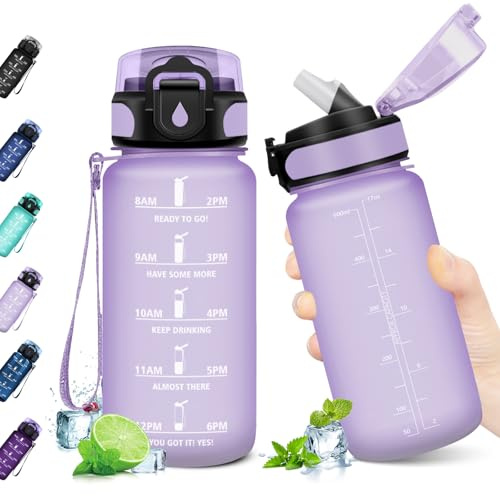 JAPORIA Botella Agua 500ml, Cantimplora Deporte con Pajita, Reutilizable, Antiderrame Botella de Agua Deportiva, Cantimplora para Gimnasio, Cámping, Gimnasio