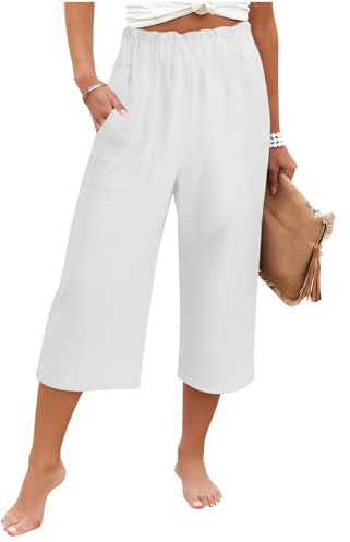 Capris Pants for Women Cotton Linen Elastic Ruffled Waist Wide Leg Capri Trousers for Women UK Summer Loose Daily Casual Cropped Trousers with Pockets