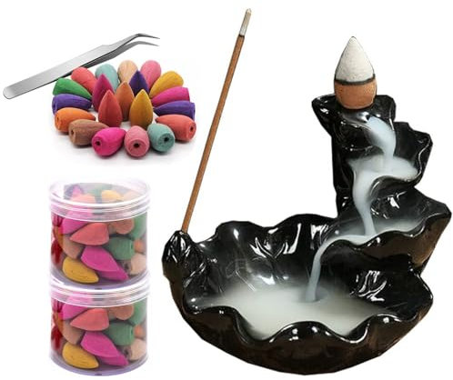 Guador Rückfluss Räuchergefäß Halter Handgemachte Wasserfall Backflow Räucherstäbchenhalter Backflow Incense Burner mit 80Pcs Multi Aromatisierte Rückfluss Räucherkegel und Edelstahl Pinzette…
