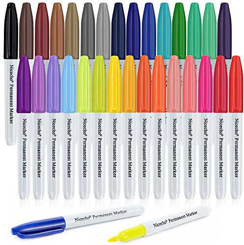 Nicecho Permanent Markers, 30 Colored Fine Point Marker Pens, Waterproof Marker Works on Paper, Plastic, Wood, Metal and Glass