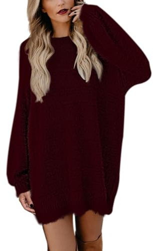 Viottiset Damen Imitation Mink Kaschmir Winterkleider Pulloverkleid Rundhals Langarm S Rubin