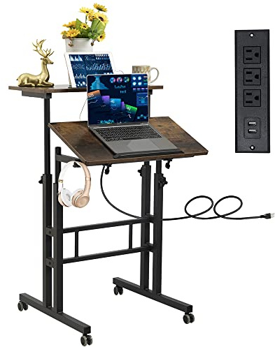 Hadulcet Mobile Standing Desk with Wheels, Rolling Desk Adjustable Height, Portable Laptop Table with Charging Station, Sit Stand up for Home Office, Study, Classroom, Rustic Brown