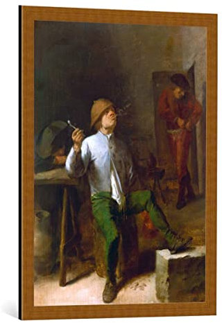 kunst für alle Bild mit Bilder-Rahmen: Adriaen Brouwer Pfeife rauchender Bauer - dekorativer Kunstdruck, hochwertig gerahmt, 60x80 cm, Kupfer gebürstet