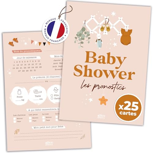 aliceandberry Carte Pronostics Baby Shower – Souvenir Gravidanza, Organizzazione Baby Shower – Gioco previsioni Baby Gender Reveal – Design Polvere – Francese (25 carte)