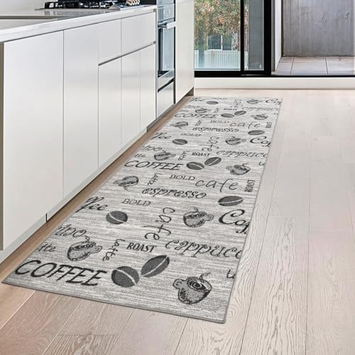 Teppich-Traum Küchenläufer Küchenteppich Coffee Grau Schwarz 80x150 cm | Pflegeleicht, schmutzabweisend, strapazierfähig, rutschfest und allergikerfreundlich, für Küche, Frühstücksecke und Bar