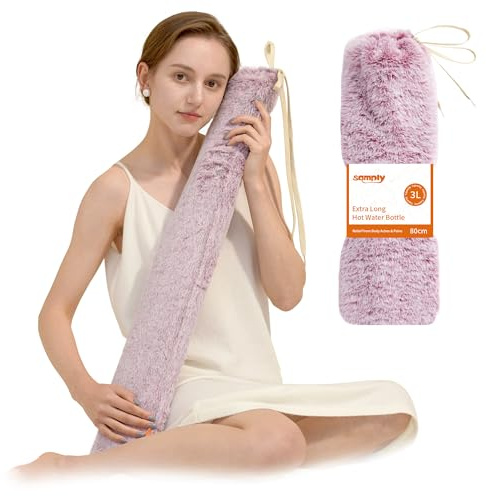 samply Long Hot Water Bottle - 3L Large Capacity, Hot Water Bag with Furry Cover, Purple