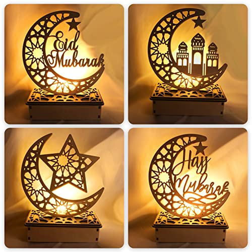 4 Stück Ramadan Deko Laterne, Ramadan Dekoration Lampe Holz, LED Mond Stern Deko Teelichthalter Islam Deko Muslimische Deko, DIY Ramadan Mubarak Dekoration Für Schlafzimmer Tisch Deko