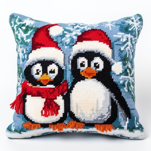 Christmas Penguins Family Latch Hook Kits Pillow Cover DIY Crochet Hook Cushion Rug Making Kits with Printed Pattern Canvas Needlework Hooking Christmas Adorment 43x43cm(y60)