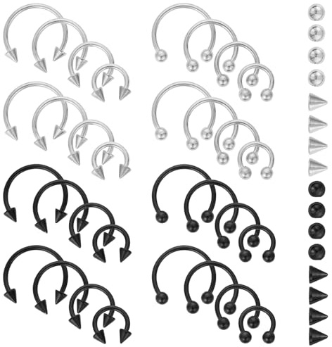 Yolev 32Pcs Horseshoe Rings Surgical Steel 16G Variety of Sizes Nose Septum Horseshoe Hoop Earring Eyebrow Tragus Lip Rings Piercing Jewelry for Women Men 6-12mm Smily Piercing Jewelry