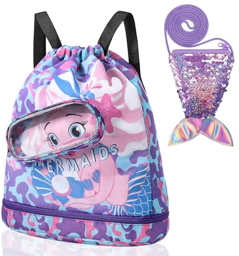 Invalidism Swimming Bags for Kids, Mermaids Drawstring Backpack with Sequin Crossbody Bag, Waterproof Sports Gym Beach Bags for Swimming Pool Beach Travel School with Zipped Pocket