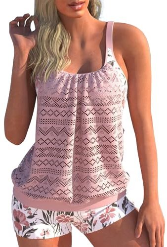 IHCEMIH Swimming Costume Women Tankinis Sets Blouson Swimsuits Push up High Waisted Swimwear Bathing Suit Women's Printed Beachwear 2 Piece Tankini with String Shorts for Ladies UK