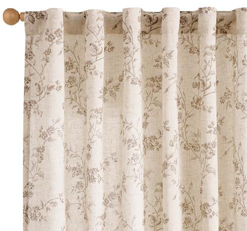 Lazzzy Linen Farmhouse Curtains Taupe Floral Curtains 63 Inch Long Back Tab Drapes for Living Room Bedroom Light Filtering Country Vintage Rod Pocket Curtain, 2 Panels, Taupe on Beige