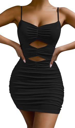 Maeau - Sexiga festklänningar för kvinnor ärmlös smal klubbklänning miniklänning plisserad utskuren halterneck cocktailklänning sommar bodycon XS S M L, Svart 02, M