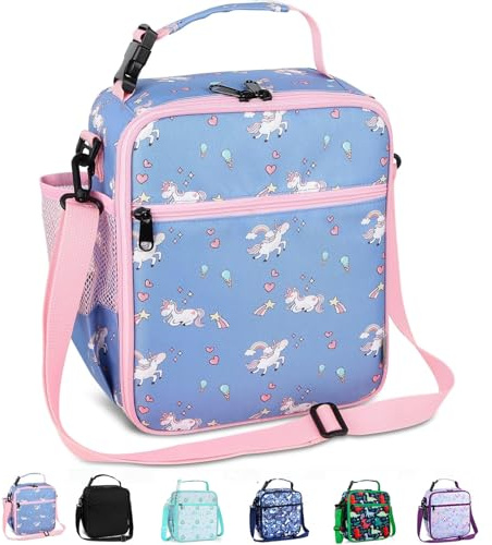 Maidyna Kids Lunch Bag, Reusable Lunch Bag with Adjustable Strap, Insulated Picnic Bag for Adults at Work, Children at School (Blue Pony)