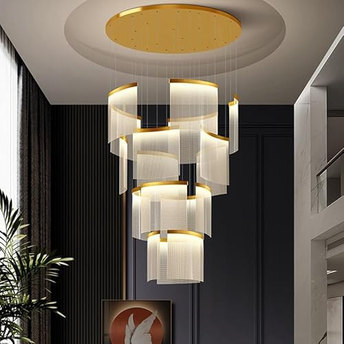 FWX Kronleuchter Moderne Große Treppe Hängelampe LED Gold Treppenhaus Licht Dimmbar Hohe Decke Pendellampe Mit Fernbedienung Für Villa Foyer Wohnzimmer Dachboden Hängeleuchte