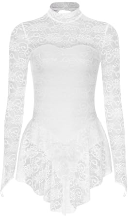 inlzdz Femme Robe Danse Classique en Dentelle Florale Robe Ballet Col Roulé Manche Longues Justaucorps Gymnastique Sport Yoga Body Bodysuit Patinage Concours Blanc L