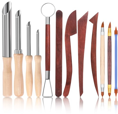 Swpeet 12Pcs Modeling Clay Sculpting Tools Kit, Cortadores circulares de agujero de arcilla, Plumas de punta de goma, Cuchillos de escultura de madera, Kit de escultura de herramientas de cerámica