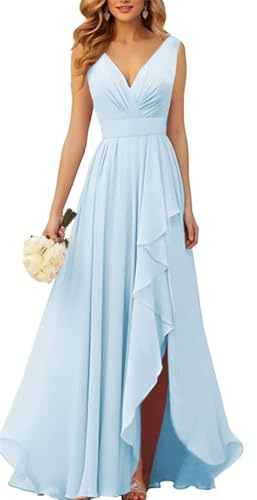 YIANN Robes de demoiselle d’honneur en mousseline à col en V pour femmes avec fente, robe de soirée ruchée en mousseline longue et formelle, bleu clair, 38