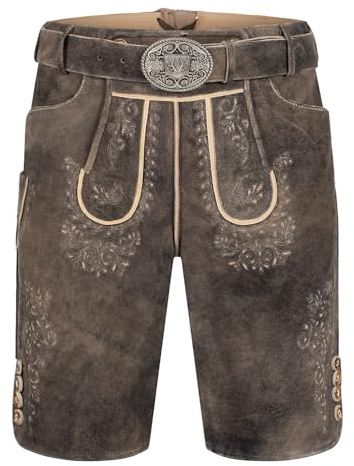 Krüger Herren Trachten Lederhose kurz, Modell: Lederhose Ron mit Gürtel, Knielang, Tracht, Volksfest