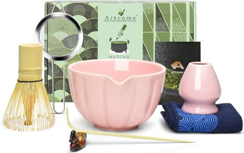Artcome Set da tè giapponese Matcha da 7 pezzi, ciotola con beccuccio versatore, frusta per matcha, paletta da tè, supporto per frusta, kit fatto a mano per cerimonia del tè giapponese, rosa