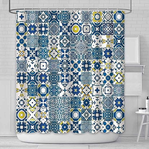 AIBIIN Tenda da doccia con piastrelle blu e gialle moderne texture retrò Marocco Mosaico Portoghese Mediterraneo Tende da doccia per bagno Materiale poliestere resistente con 12 ganci 180 x 200 cm