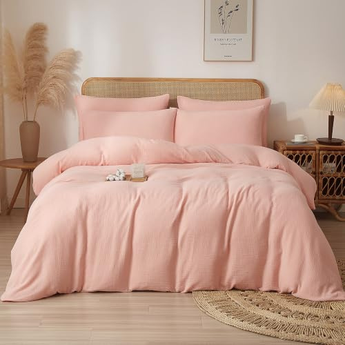 Luowei Musselin Bettwäsche 200x200cm Baumwoll 3-teilig, Rosa, ÖKO-TEX | Sommer Natürlicher Atmungsaktiv Bettwäsche Set Extra Weich Komfort Bettbezug mit Reißverschluss und 2 Kissenbezüge 80x80cm