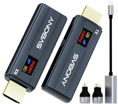 Svbony TransAir1 HDMI Wireless 4k, 1080P@60Hz, Portata 80M, Display a Colori OLED, 2.4G/5G 9 Canali, Plug and Play, Ritardo di 0,06 secondi per Laptop/PC/TV Box/Proiettore(No Gaming)