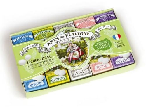 Les Anis de Flavigny Set mit 5 Packungen à 90 g in verschiedenen Geschmacksrichtungen: Anis, Veilchen, Minze, Zitrone, Rosa