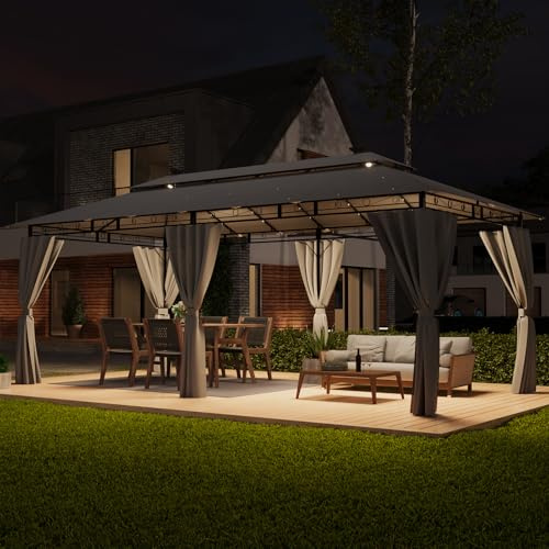 TRIUMPHKEY Pavillon 3x6 Wasserdicht Stabil Winterfest,Garten Pavillion,Plane Gartenpavillon,Metallrahmen Pavillon,Patio Gazebo,Grau mit LED