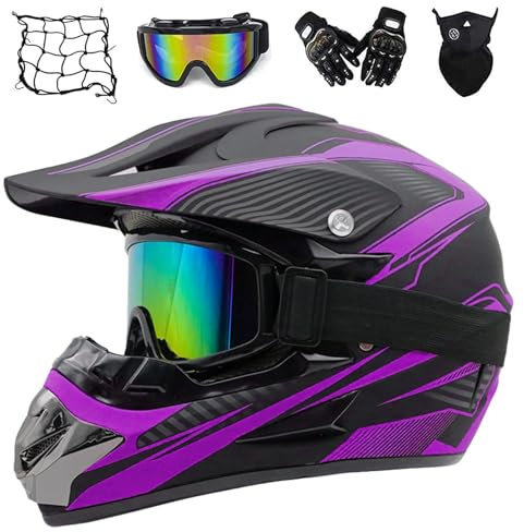 MRDEER Fullface Motocross Helm Kinder, Downhill Motorradhelm Set mit Handschuhe Maske Brille Helmnetz, Motorrad ATV Enduro D.O.T Crosshelm Motorradhelm für Damen Herren (M 54-55CM,Schwarz Lila)