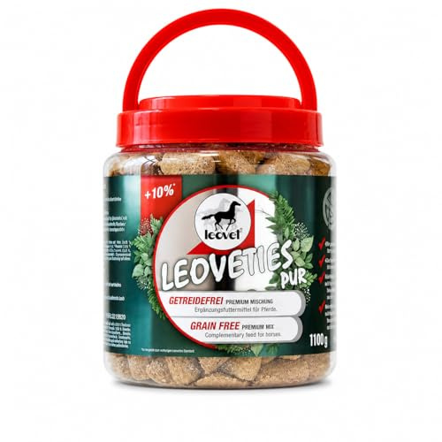 Leovet Leoveties pur Senza Cereali | 1,1 kg | Mangime complementare per Cavalli | per l'allenamento o Come ricompensa | con Erba Medica, Torta di Lino, Mela e cubetti di Fieno | Conforme ADMR