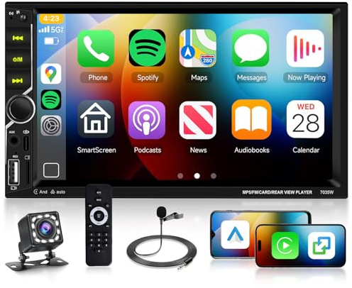Hodozzy Double Din Car Radio with CarPlay Wireless Android Auto, 7 Inch Touchscreen Car Stereo with Bluetooth, Mirror Link, FM Radio, EQ, USB, AUX, Colorful backlight, Remote Control, Camera and MIC