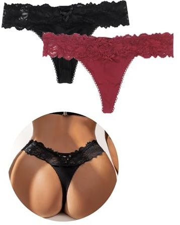 comeondear Dam tanga stringtrosa sexiga chica trosor stor storlek brasilianska trosor spets damunderkläder korta stretch låg midja hipster underkläder set med 2 eller 1, 2-svart + röd/låda, XL-XXL