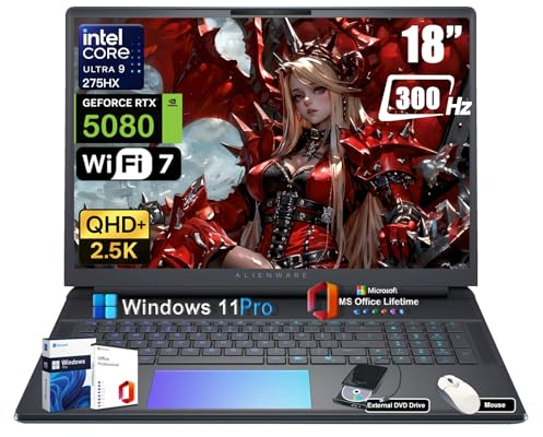 Alienware 18 Area-51 Ordenador portátil para juegos - Intel Ultra 9 275HX (24 núcleos, hasta 5,4 GHz), RTX 5080 GDDR7, 18 pulgadas 2,5 K QHD+ 300 Hz, con unidad de DVD, Win 11 Pro, duración de la