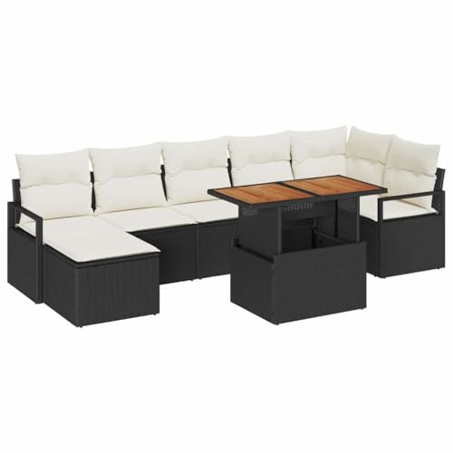 vidaXL Garten Essgruppe mit Kissen 8 pcs Schwarz und Creme, Garten und Terrasse, modernes Outdoor-Möbelset, leichtes Poly-Rattan Sofa, wetterfestes Lounge-Set