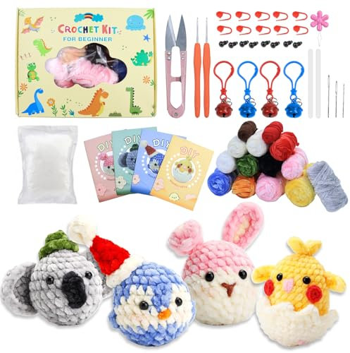SENLINLIN Häkelnadel-Set für Anfänger, Häkelset Tiere mit Schritt für Schritt, Häckel Kit für Anfänger Erwachsene und Kinder, 4 Stück - Kaninchen, Pinguin, Küken, Elefant