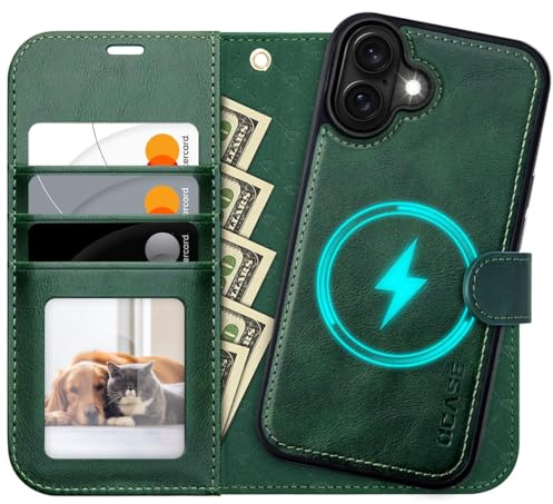 OCASE mobilskal för iPhone 17 Skal Avtagbart 2-i-1 Magnetiskt Premium PU-läder Fällbart skal Trådlös laddning Kortfack RFID Ställningsfunktion Skyddande skal för iPhone 17 – Mörkgrön