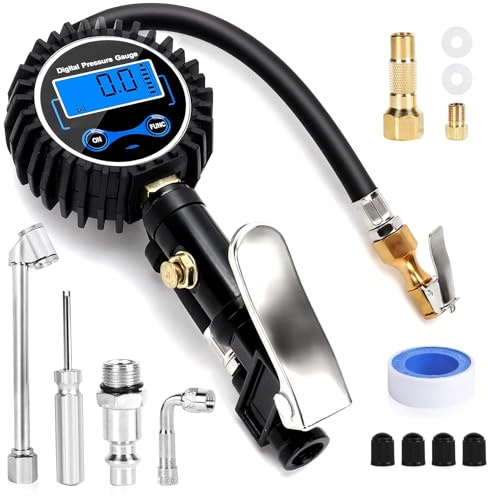 LYCXAMES Luftdruckprüfer Reifenfüller Set, Reifendruckfüller 200 PSI, Reifenfüller luftdruckprüfer mit mehrere Ersatzteile Ventil Kern Werkzeug, Digital Reifenfüll Messgerät für Auto Motorrad Fahrrad