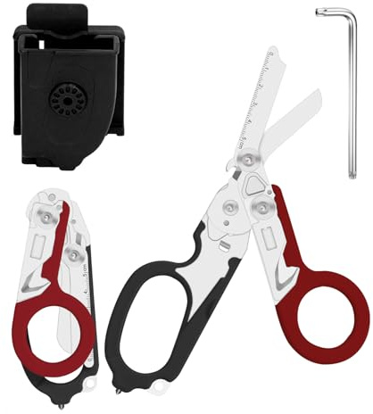 Zengjunwei 6-In-1 Faltbar Rettungsschere, für Outdoor Camping, Schwarzrot | Trauma Schere, Notfallschere, verbandsschere, Mit K-Schutzhülle, Schraubenschlüssel für Professionelle Rettungsdienste